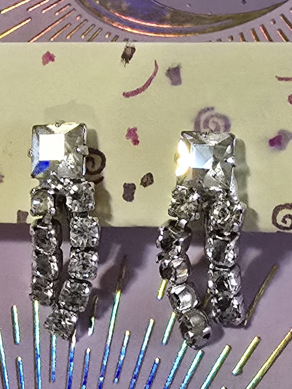 Art Deco Style Silver Crystal Rhinstone Drop Hoop Clip On Screwback Earrings